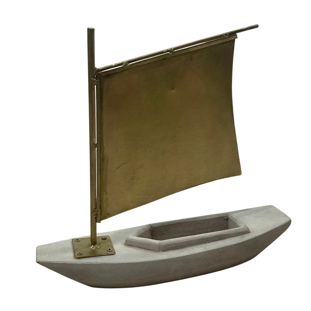Rustic Wood and Brass Metal Sailboat Sculpture Nautical Coastal Decor 14.5in